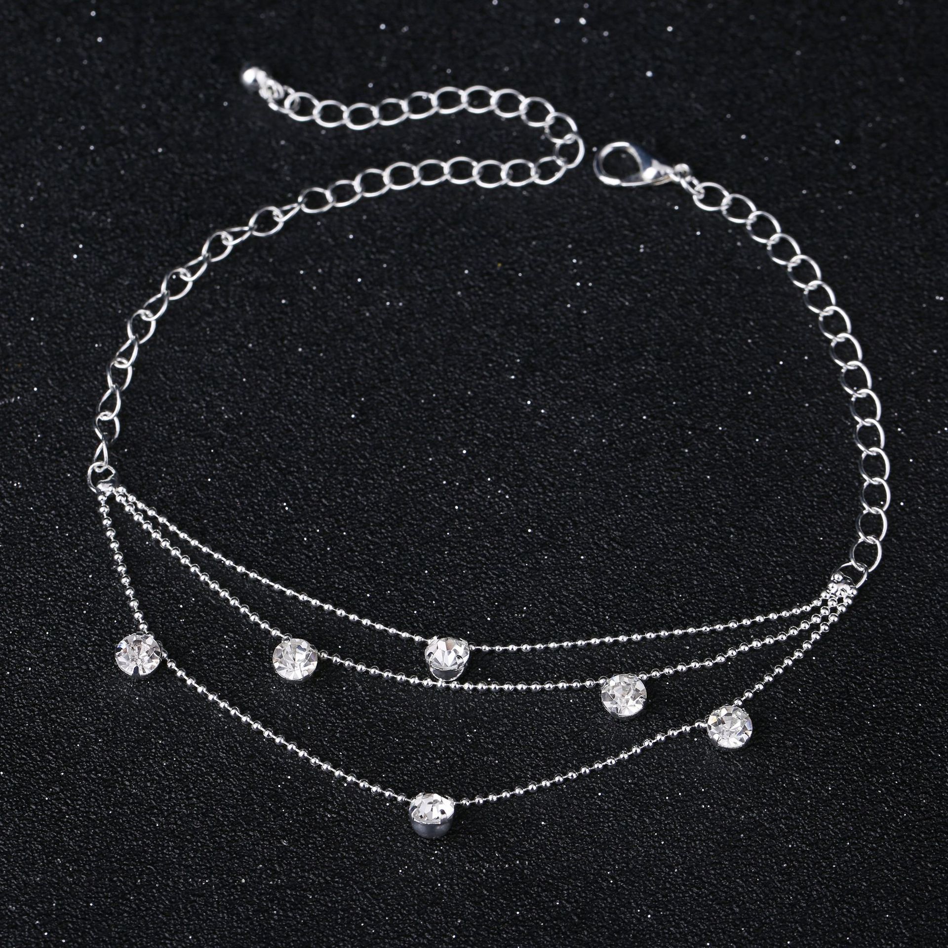 European and American Rhinestone Rows of Diamond-Embedded Elastic Crystal Anklet Bracelet Multi-Layer Optional Silver Gold