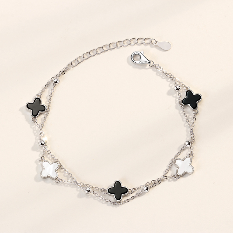 S925 Sterling Silver Clover Pork Belly Couple Bracelet Female Korean Style Simple Agate Bracelet Double-Layer Bracelet Wholesale