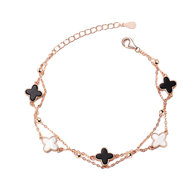 S925 Sterling Silver Clover Pork Belly Couple Bracelet Female Korean Style Simple Agate Bracelet Double-Layer Bracelet Wholesale