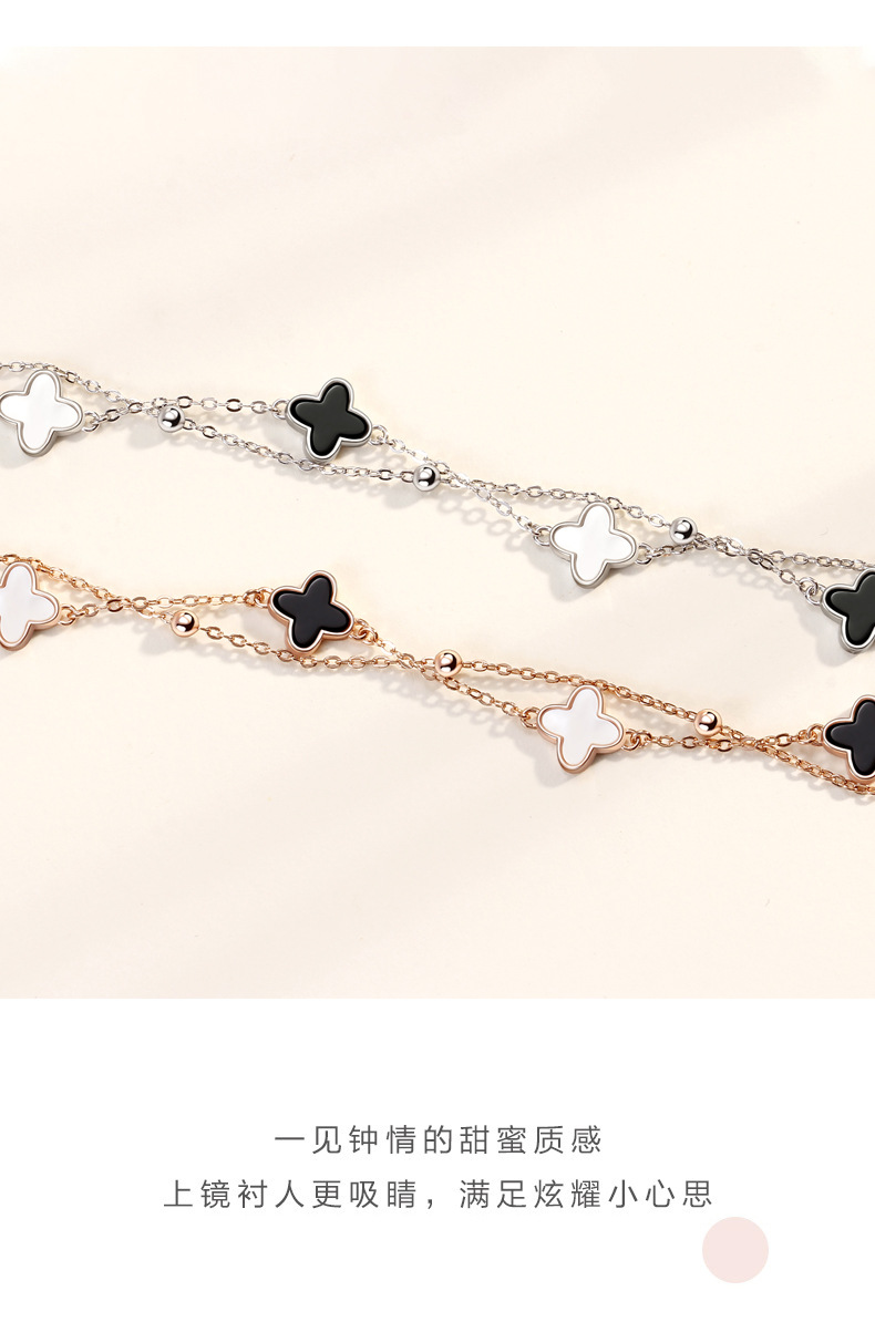 S925 Sterling Silver Clover Pork Belly Couple Bracelet Female Korean Style Simple Agate Bracelet Double-Layer Bracelet Wholesale S925 Sterling Silver Clover Pork Belly Couple Bracelet Female Korean Style Simple Agate Bracelet Double-Layer Bracelet Wholesale