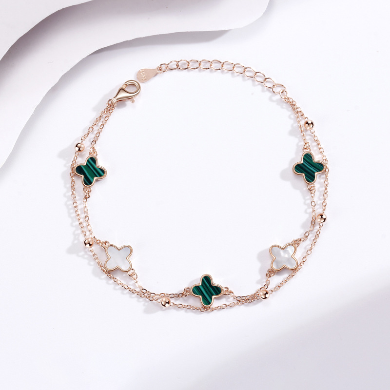 S925 Sterling Silver Clover Pork Belly Couple Bracelet Female Korean Style Simple Agate Bracelet Double-Layer Bracelet Wholesale S925 Sterling Silver Clover Pork Belly Couple Bracelet Female Korean Style Simple Agate Bracelet Double-Layer Bracelet Wholesale