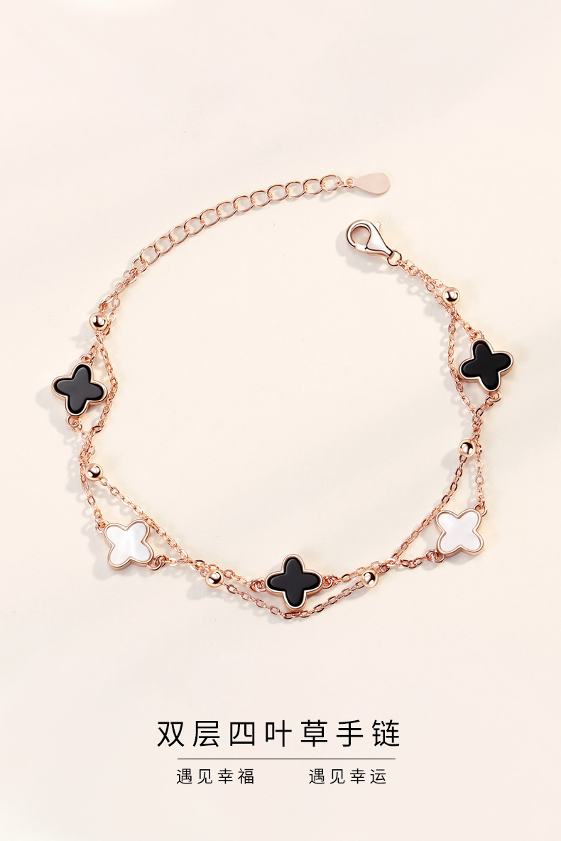 S925 Sterling Silver Clover Pork Belly Couple Bracelet Female Korean Style Simple Agate Bracelet Double-Layer Bracelet Wholesale S925 Sterling Silver Clover Pork Belly Couple Bracelet Female Korean Style Simple Agate Bracelet Double-Layer Bracelet Wholesale