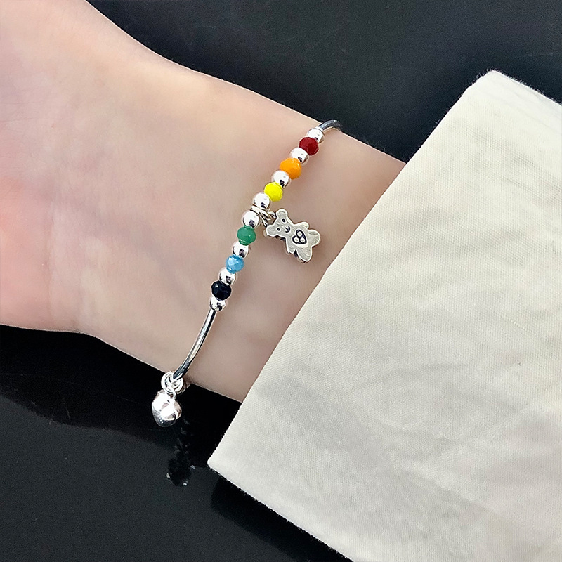 New 925 Sterling Silver Bracelet Korean Ins Special-Interest Design Elastic String Rainbow Sweet Loving Heart Handmade Beaded Bracelet