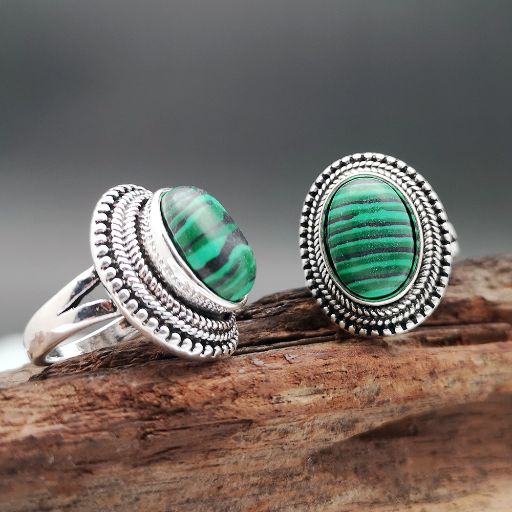 Rongyu Cross-Border New Bracelet Inlaid Watermelon Green Malachite Ring European and American 925 Antique Silver Natural Stone Ring