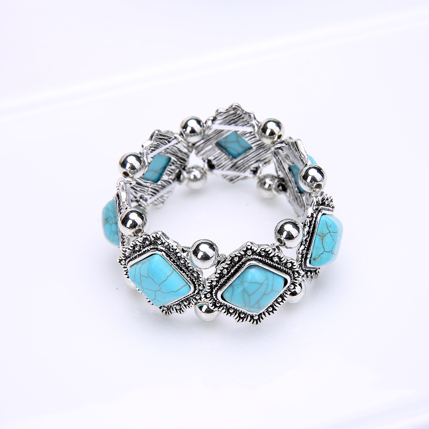 2017 European and American Foreign Trade Popular Bohemian Retro Bracelet Turquoise Imitation Thai Silver Bracelet Jewelry Wholesale