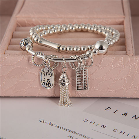 New Sliver Beads Tassel Two-Circle Bracelet Retro Tibetan Silver Lucky Cat Pendant Bracelet Internet Celebrity Live Hot Silver Accessories