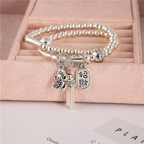 New Sliver Beads Tassel Two-Circle Bracelet Retro Tibetan Silver Lucky Cat Pendant Bracelet Internet Celebrity Live Hot Silver Accessories