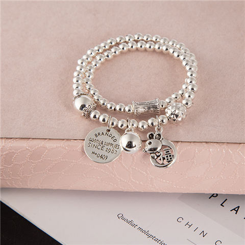 New Sliver Beads Tassel Two-Circle Bracelet Retro Tibetan Silver Lucky Cat Pendant Bracelet Internet Celebrity Live Hot Silver Accessories