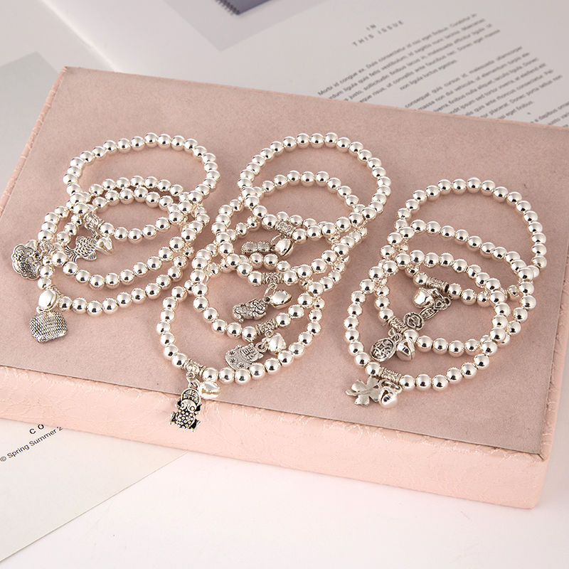 New Sliver Beads Tassel Two-Circle Bracelet Retro Tibetan Silver Lucky Cat Pendant Bracelet Internet Celebrity Live Hot Silver Accessories