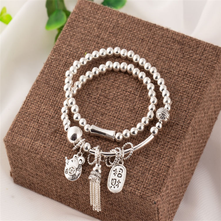 New Sliver Beads Tassel Two-Circle Bracelet Retro Tibetan Silver Lucky Cat Pendant Bracelet Internet Celebrity Live Hot Silver Accessories