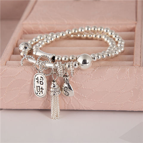 New Sliver Beads Tassel Two-Circle Bracelet Retro Tibetan Silver Lucky Cat Pendant Bracelet Internet Celebrity Live Hot Silver Accessories