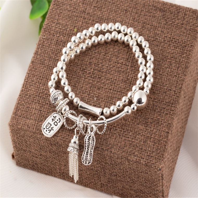 New Sliver Beads Tassel Two-Circle Bracelet Retro Tibetan Silver Lucky Cat Pendant Bracelet Internet Celebrity Live Hot Silver Accessories