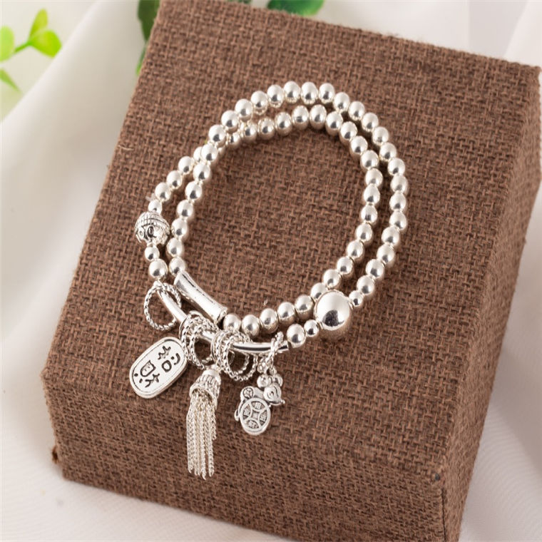 New Sliver Beads Tassel Two-Circle Bracelet Retro Tibetan Silver Lucky Cat Pendant Bracelet Internet Celebrity Live Hot Silver Accessories