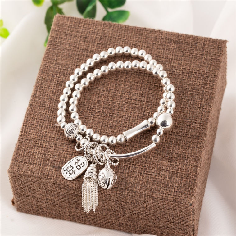 New Sliver Beads Tassel Two-Circle Bracelet Retro Tibetan Silver Lucky Cat Pendant Bracelet Internet Celebrity Live Hot Silver Accessories