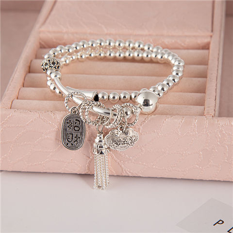 New Sliver Beads Tassel Two-Circle Bracelet Retro Tibetan Silver Lucky Cat Pendant Bracelet Internet Celebrity Live Hot Silver Accessories