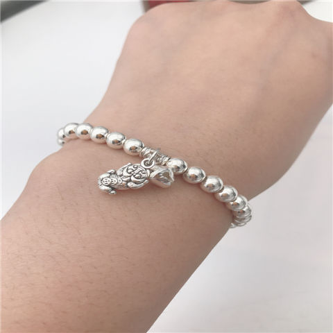 New Sliver Beads Tassel Two-Circle Bracelet Retro Tibetan Silver Lucky Cat Pendant Bracelet Internet Celebrity Live Hot Silver Accessories