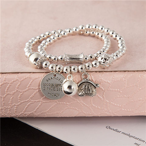 New Sliver Beads Tassel Two-Circle Bracelet Retro Tibetan Silver Lucky Cat Pendant Bracelet Internet Celebrity Live Hot Silver Accessories