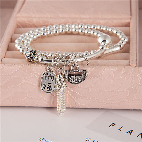 New Sliver Beads Tassel Two-Circle Bracelet Retro Tibetan Silver Lucky Cat Pendant Bracelet Internet Celebrity Live Hot Silver Accessories