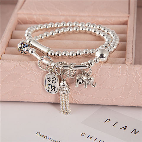 New Sliver Beads Tassel Two-Circle Bracelet Retro Tibetan Silver Lucky Cat Pendant Bracelet Internet Celebrity Live Hot Silver Accessories