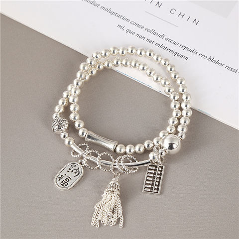 New Sliver Beads Tassel Two-Circle Bracelet Retro Tibetan Silver Lucky Cat Pendant Bracelet Internet Celebrity Live Hot Silver Accessories