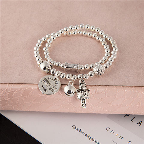 New Sliver Beads Tassel Two-Circle Bracelet Retro Tibetan Silver Lucky Cat Pendant Bracelet Internet Celebrity Live Hot Silver Accessories