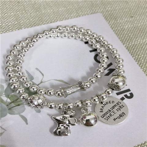 New Sliver Beads Tassel Two-Circle Bracelet Retro Tibetan Silver Lucky Cat Pendant Bracelet Internet Celebrity Live Hot Silver Accessories