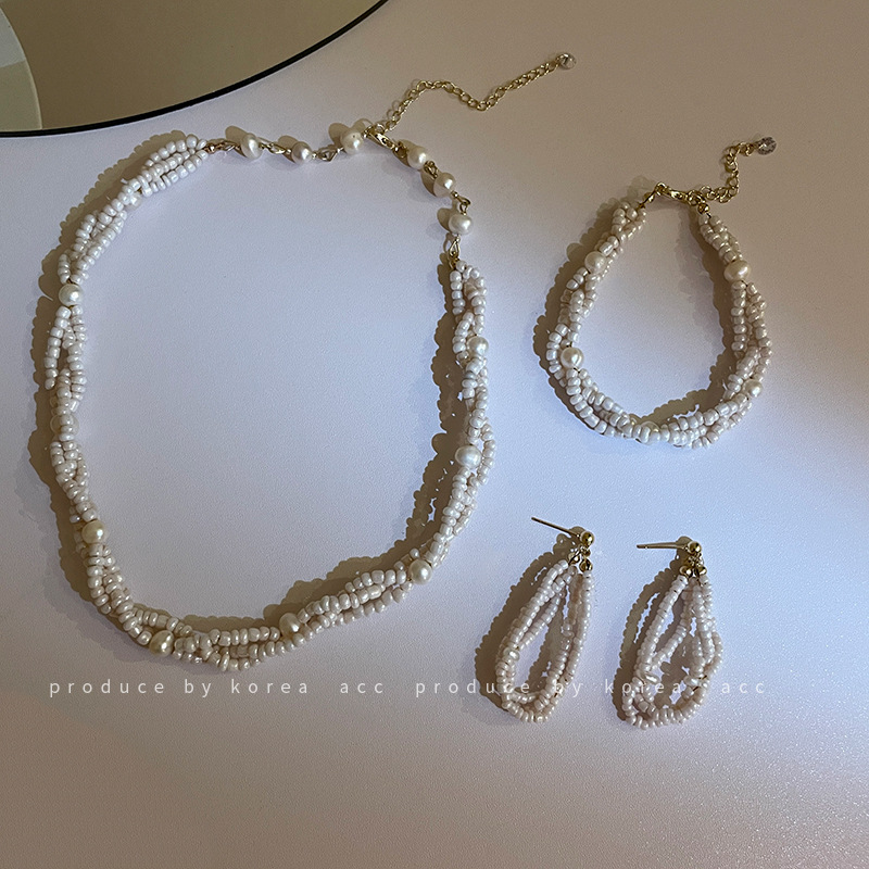 925 Silver Needle Multi-Layer Pearl Beads Bracelet Necklace Ear Stud Korean Design Geometric Simple Hand Jewelry Necklace Earrings for Women
