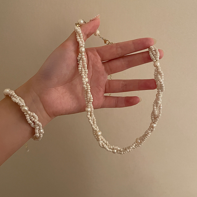 925 Silver Needle Multi-Layer Pearl Beads Bracelet Necklace Ear Stud Korean Design Geometric Simple Hand Jewelry Necklace Earrings for Women 925 Silver Needle Multi-Layer Pearl Beads Bracelet Necklace Ear Stud Korean Design Geometric Simple Hand Jewelry Necklace Earrings for Women