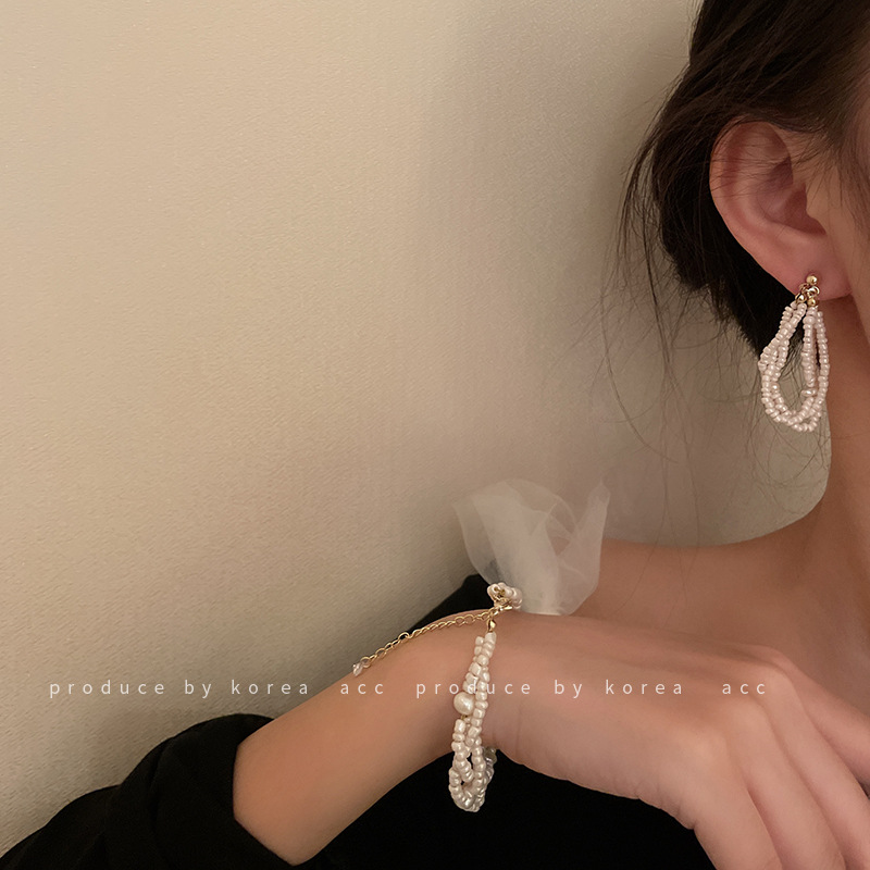 925 Silver Needle Multi-Layer Pearl Beads Bracelet Necklace Ear Stud Korean Design Geometric Simple Hand Jewelry Necklace Earrings for Women