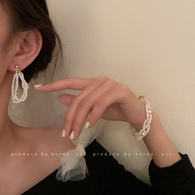 925 Silver Needle Multi-Layer Pearl Beads Bracelet Necklace Ear Stud Korean Design Geometric Simple Hand Jewelry Necklace Earrings for Women