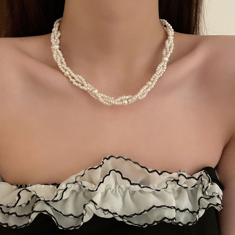 925 Silver Needle Multi-Layer Pearl Beads Bracelet Necklace Ear Stud Korean Design Geometric Simple Hand Jewelry Necklace Earrings for Women