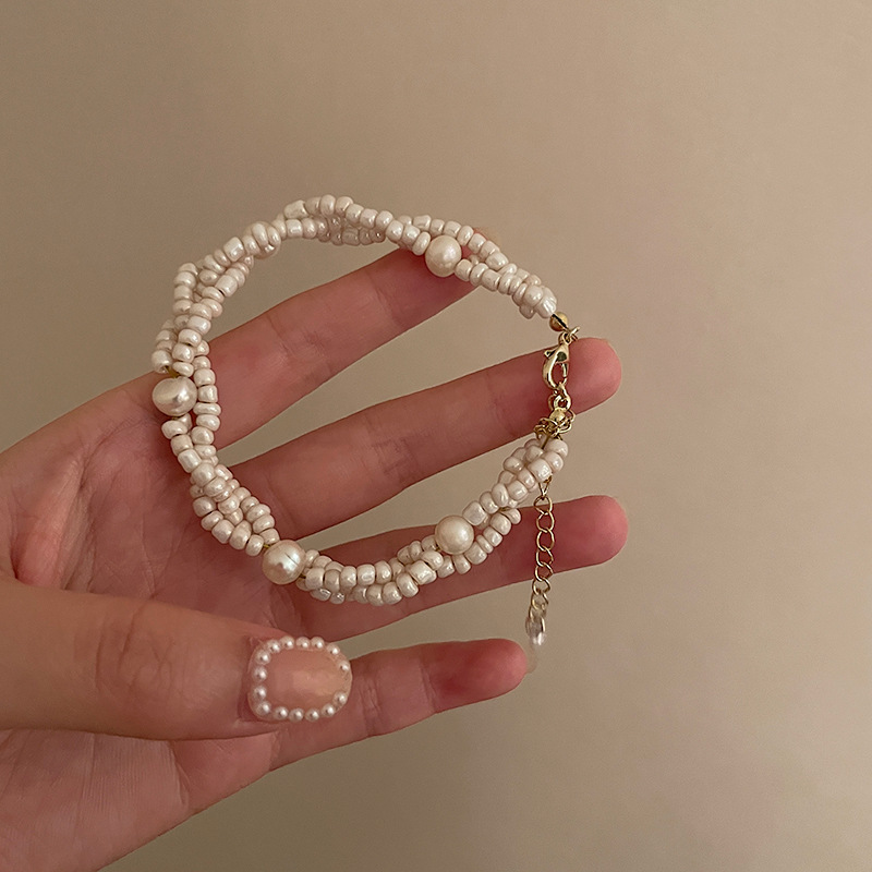 925 Silver Needle Multi-Layer Pearl Beads Bracelet Necklace Ear Stud Korean Design Geometric Simple Hand Jewelry Necklace Earrings for Women 925 Silver Needle Multi-Layer Pearl Beads Bracelet Necklace Ear Stud Korean Design Geometric Simple Hand Jewelry Necklace Earrings for Women