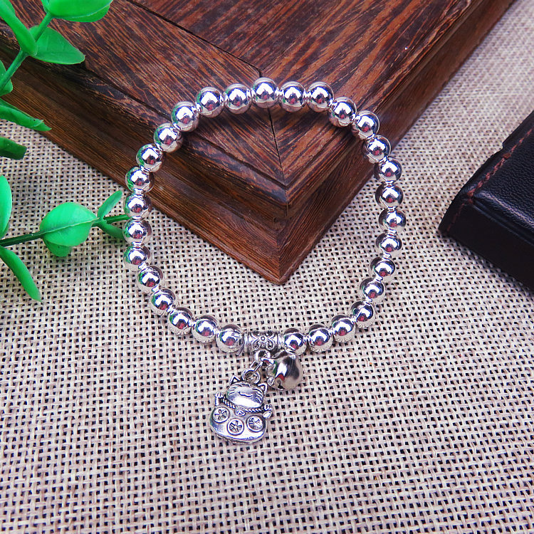 Running Rivers and Lakes Hot Sale Ethnic Style Women&#039;s Alloy Imitation S925 Silver Miao Silver 6mm round Beads Silver Plated Bracelet Bracelet Ornament