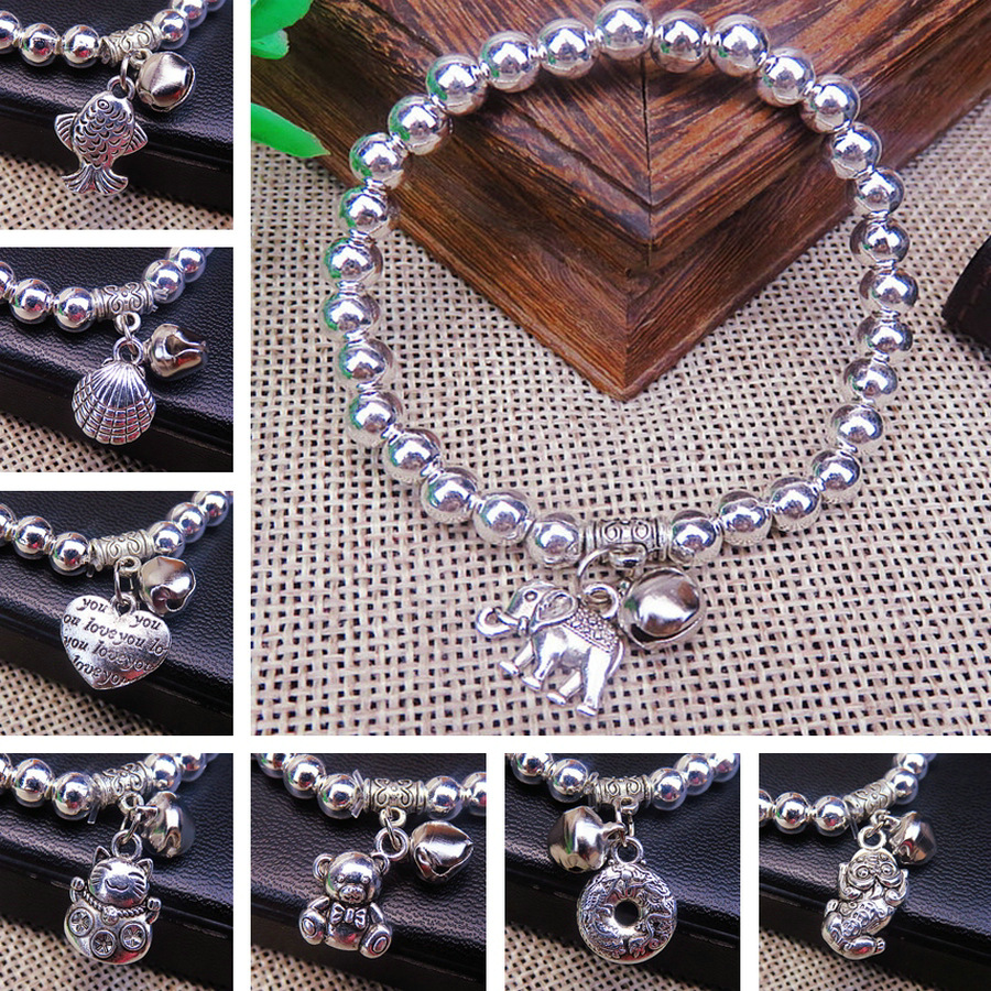 Running Rivers and Lakes Hot Sale Ethnic Style Women&#039;s Alloy Imitation S925 Silver Miao Silver 6mm round Beads Silver Plated Bracelet Bracelet Ornament