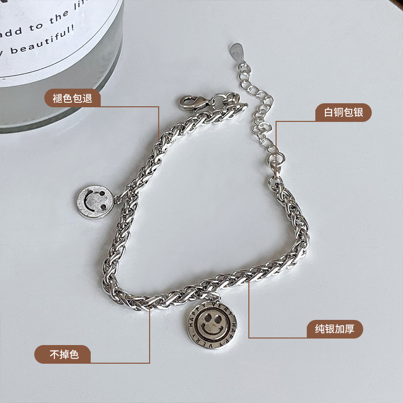 Smiley Face 925 Sterling Silver Bracelet Design Sense Niche Bracelet Korean Ins Bracelet Simple Bracelet Non-Fading Female Wholesale