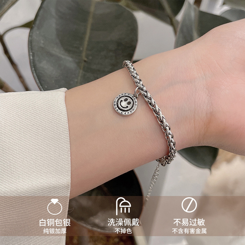 Smiley Face 925 Sterling Silver Bracelet Design Sense Niche Bracelet Korean Ins Bracelet Simple Bracelet Non-Fading Female Wholesale