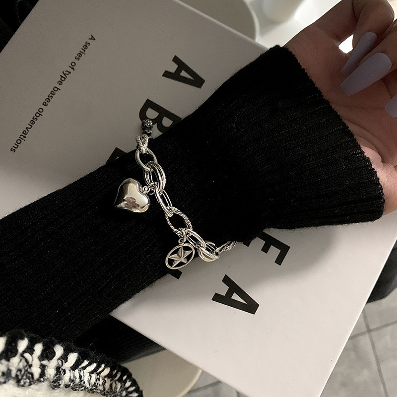 Retro Heart Tassel Bracelet for Women Ins Special-Interest Design Exquisite Cold Style 925 Sterling Silver Light Luxury High-Grade Ornament