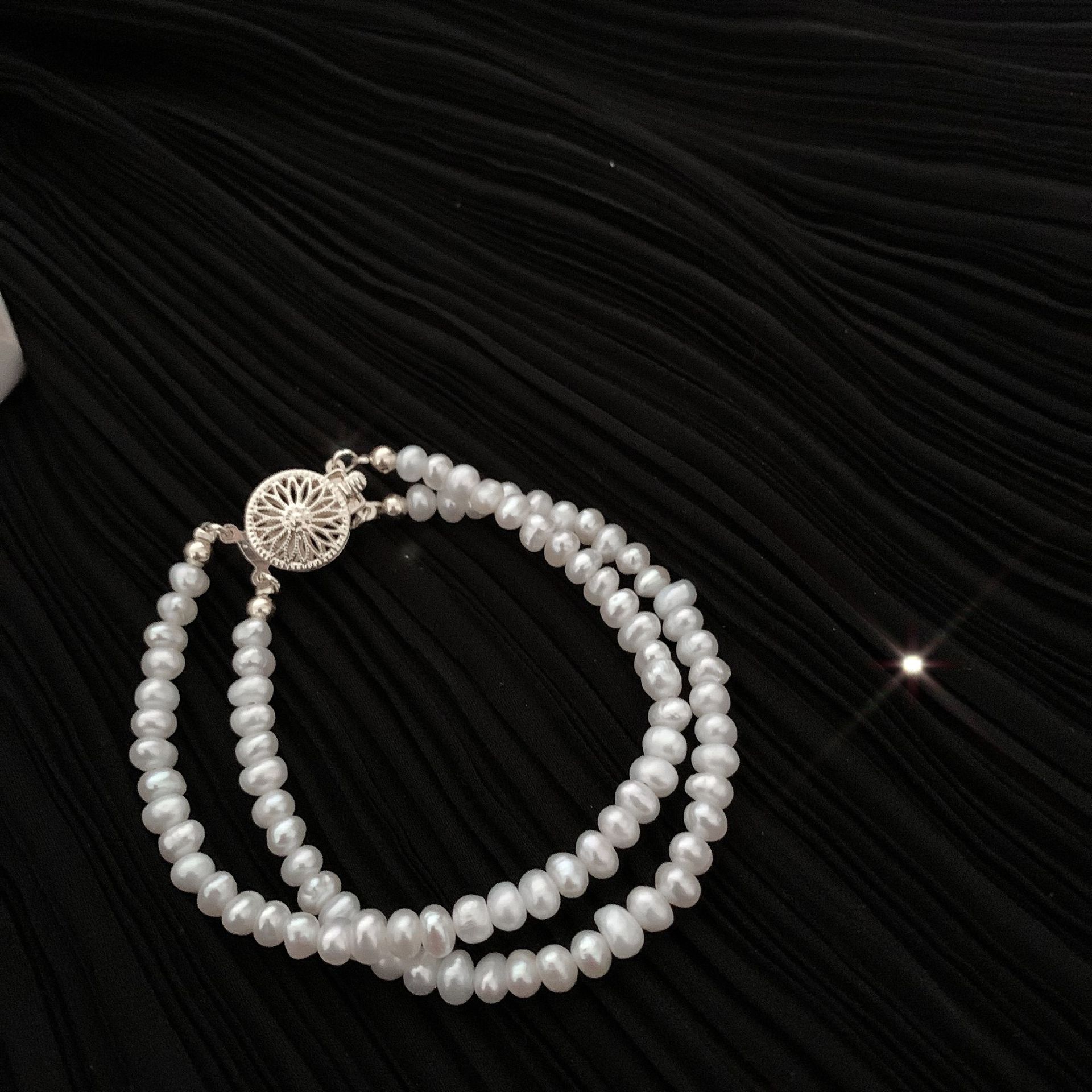 Natural Fresh Water Small Pearl Thin Bracelet Double Layer Design Minority Simple Small Rice-Shaped Beads Compact Temperamental Vintage Bracelet