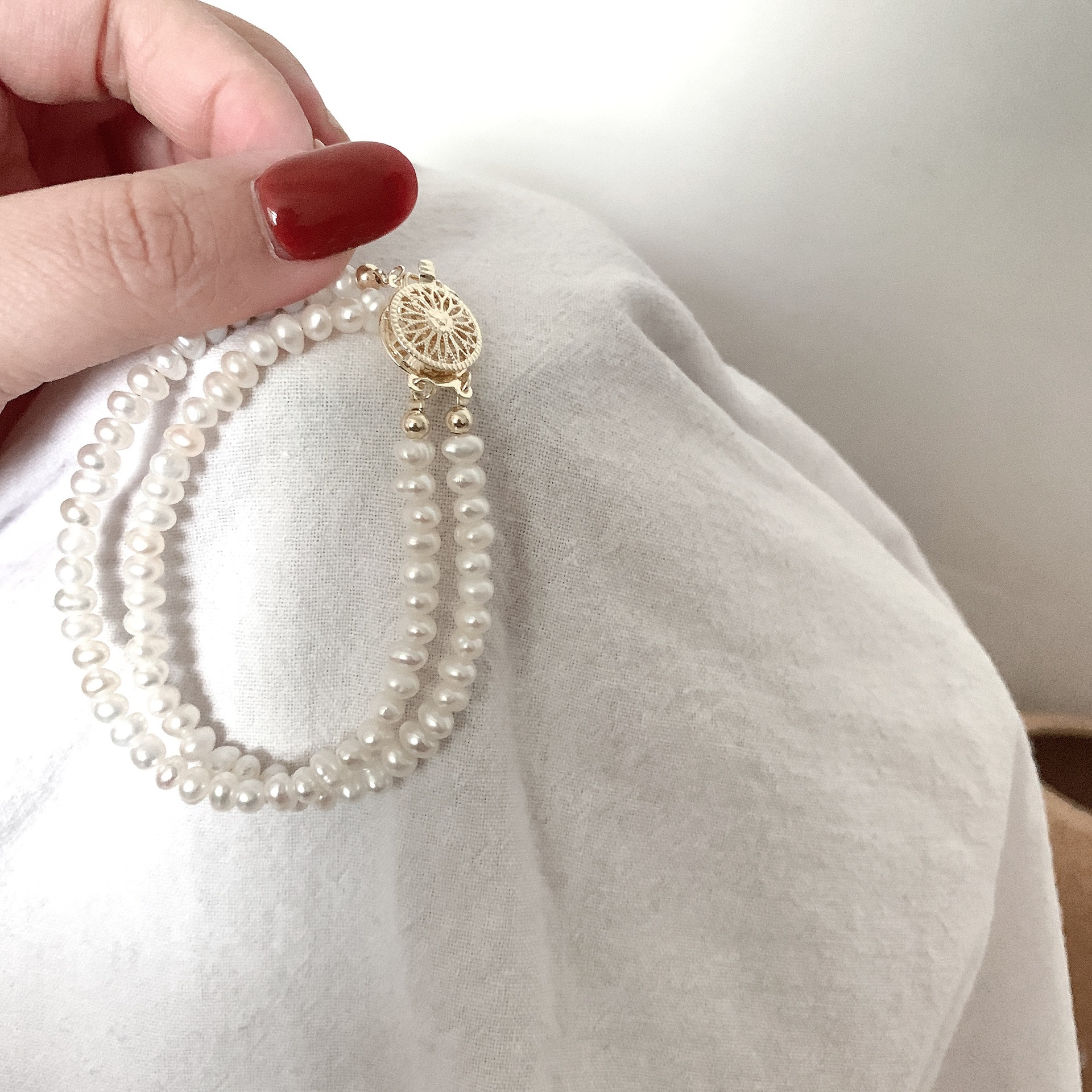 Natural Fresh Water Small Pearl Thin Bracelet Double Layer Design Minority Simple Small Rice-Shaped Beads Compact Temperamental Vintage Bracelet