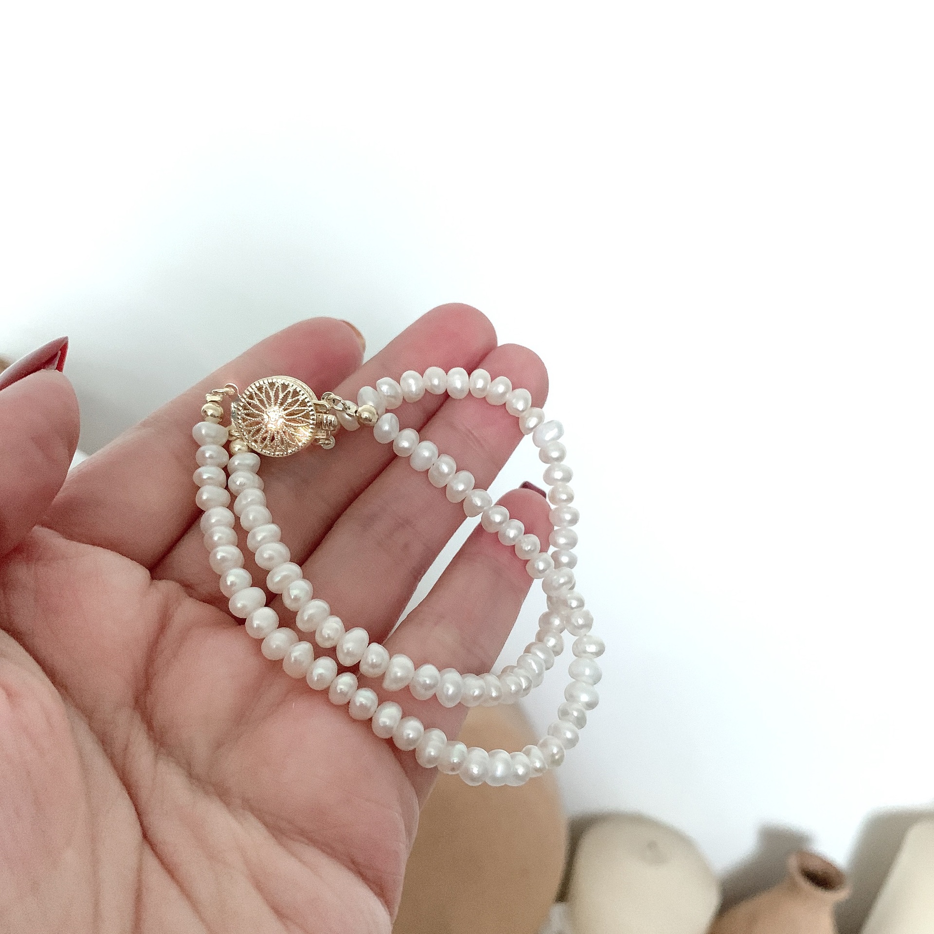 Natural Fresh Water Small Pearl Thin Bracelet Double Layer Design Minority Simple Small Rice-Shaped Beads Compact Temperamental Vintage Bracelet