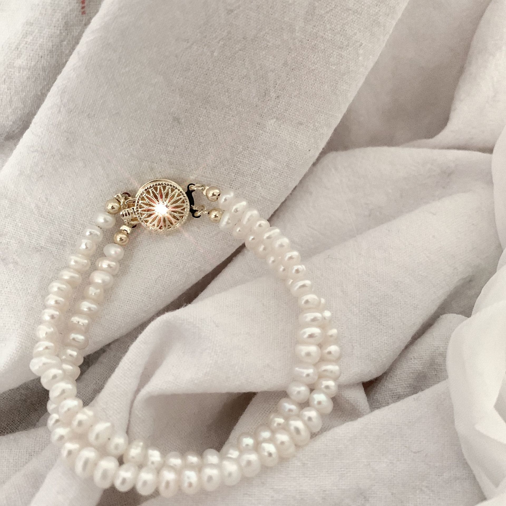Natural Fresh Water Small Pearl Thin Bracelet Double Layer Design Minority Simple Small Rice-Shaped Beads Compact Temperamental Vintage Bracelet