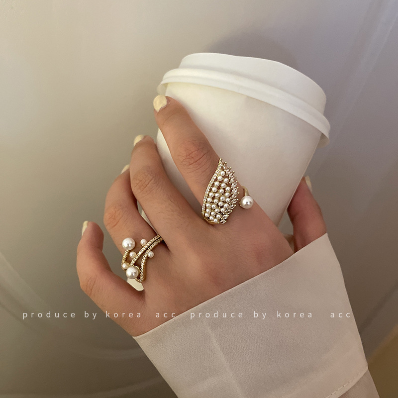 No. 7 Pearl Micro Inlaid Zircon Open Ring Korean Design Angel Wings Female Fashion Ring Simple Personality Bracelet