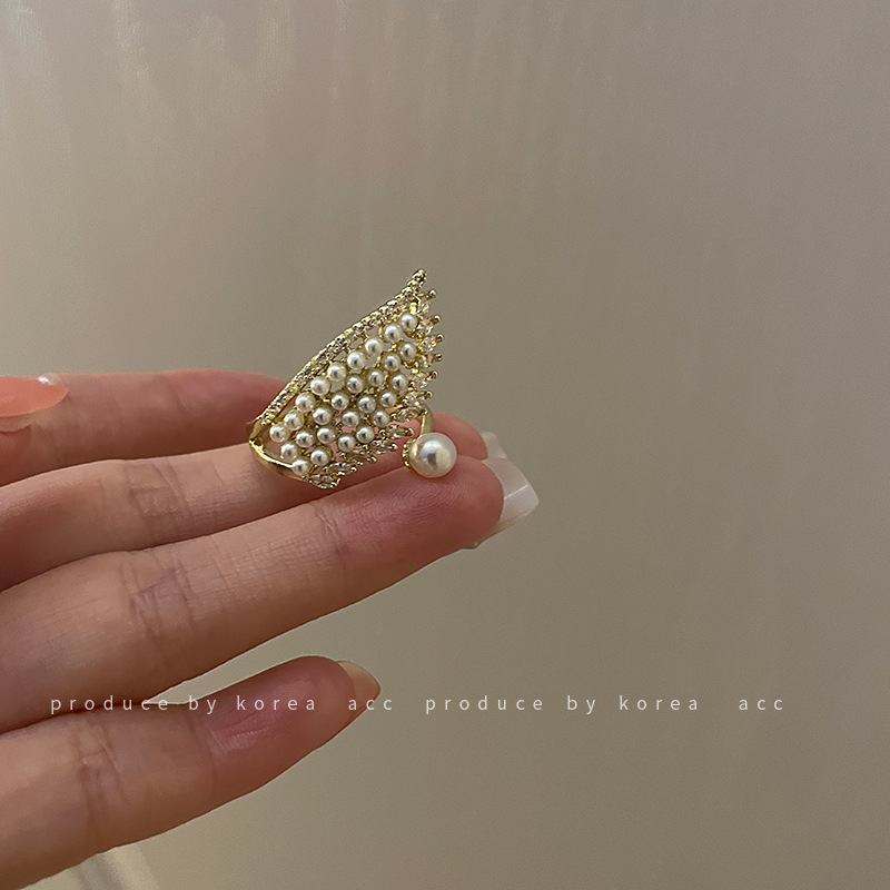 No. 7 Pearl Micro Inlaid Zircon Open Ring Korean Design Angel Wings Female Fashion Ring Simple Personality Bracelet