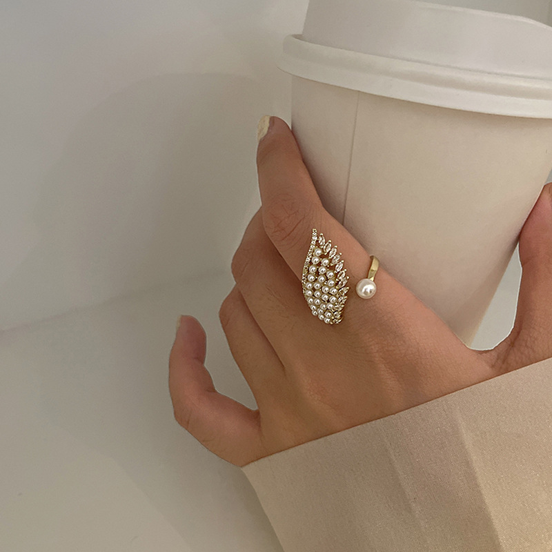 No. 7 Pearl Micro Inlaid Zircon Open Ring Korean Design Angel Wings Female Fashion Ring Simple Personality Bracelet