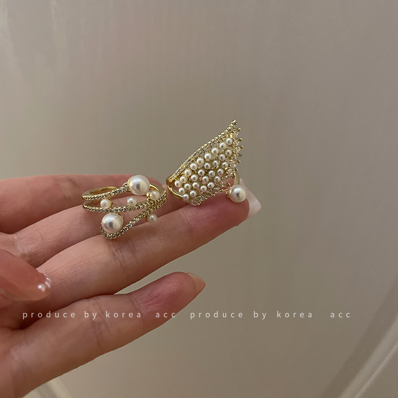 No. 7 Pearl Micro Inlaid Zircon Open Ring Korean Design Angel Wings Female Fashion Ring Simple Personality Bracelet