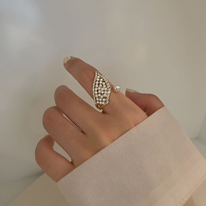 No. 7 Pearl Micro Inlaid Zircon Open Ring Korean Design Angel Wings Female Fashion Ring Simple Personality Bracelet