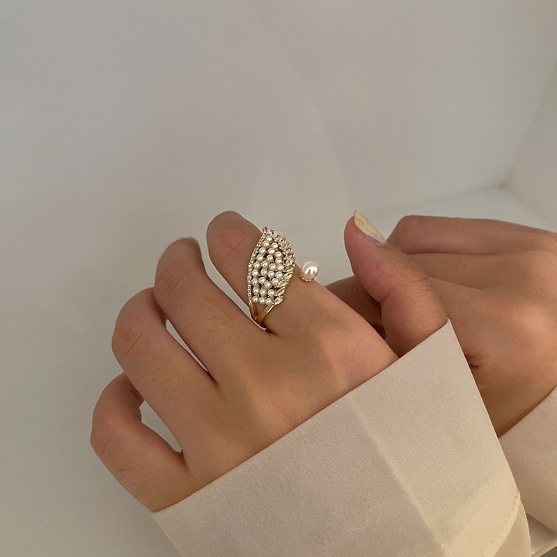 No. 7 Pearl Micro Inlaid Zircon Open Ring Korean Design Angel Wings Female Fashion Ring Simple Personality Bracelet