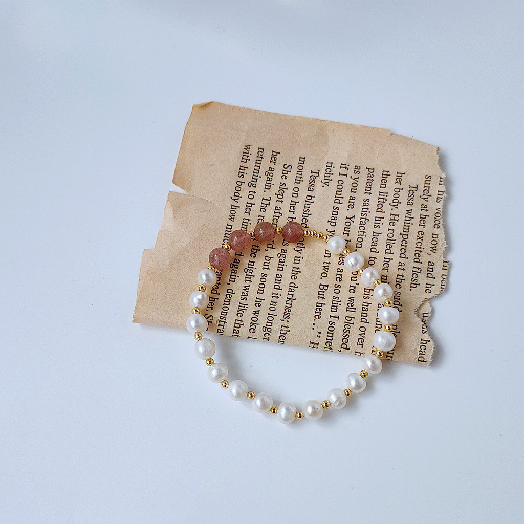 Bright Eyes Natural Freshwater Pearl Strawberry Quartz All-Match Elastic String Adjustable Bracelet Korean Surrogate Shopping Same Style Bracelet for Women