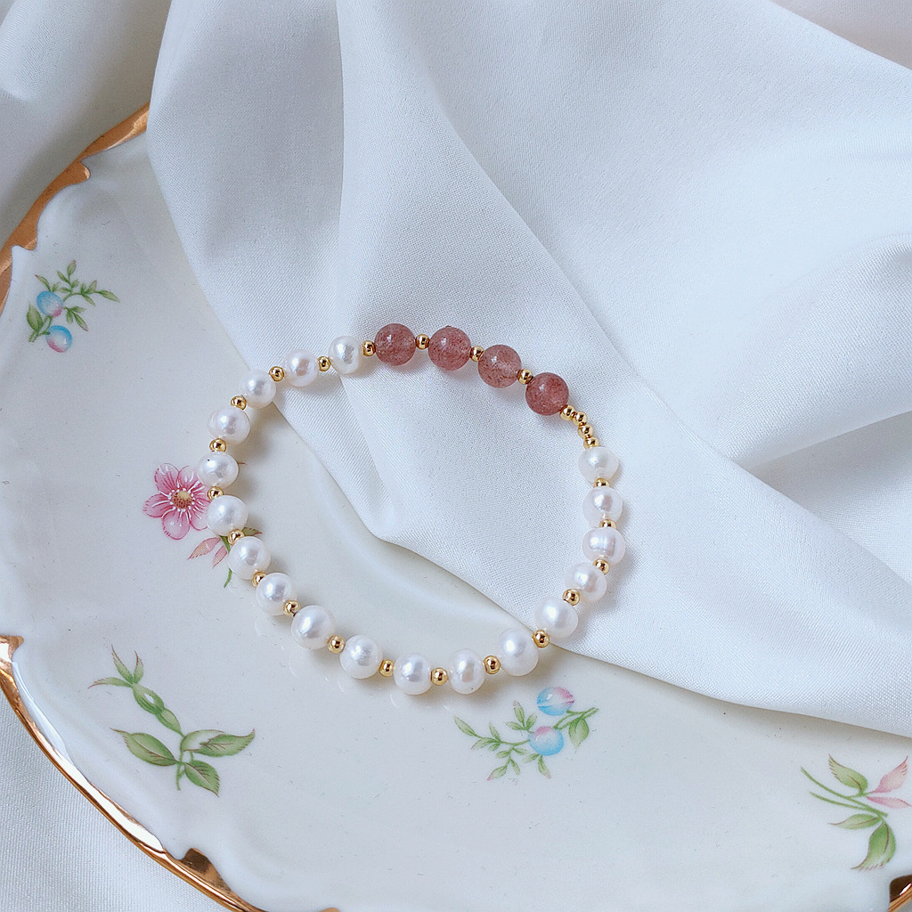 Bright Eyes Natural Freshwater Pearl Strawberry Quartz All-Match Elastic String Adjustable Bracelet Korean Surrogate Shopping Same Style Bracelet for Women