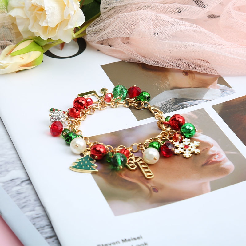 Europe and America Cross Border Christmas Bracelet Hanging Pearl Bell Rhinestone Ball Crystal Beads Snowflake Polite Tree Alloy Gift Bracelet